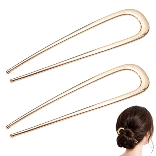 2 Pcs French Hair Pins, Metal French Twist Hair Pins for Buns, Curls and Updos, 5.6 Inches U Shaped Chinese Hair Sticks, Gold Hairstyle Accessories for Women Girls (2 Gold) - color: Gold