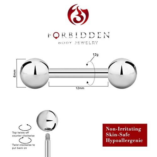 Forbidden Body Jewelry nipple barbell, nipple bars, silver nipplerings piercing Surgical Steel 8g - 18g Straight Barbell Body Jewelry (Sold Individually) - style: 12G 12mm (1/2") 6mm Balls