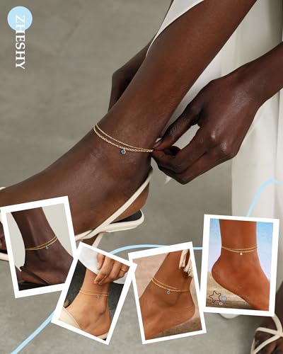 ZHESHY Ankle Bracelets for Women Gold Layered Anklets with Birthstone | 14K Gold Plated Dainty Waterproof Non Tarnish Chain Anklet Bracelets Summer Beach Jewelry Birthday Gifts - color: 12.Blue December