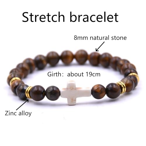Beaded Bracelets Cross Bracelet for Women Men Lava Rock Turquoise Tiger Eye Natural Bracelet Anxiety Healing - color: 10Pcs- white cross