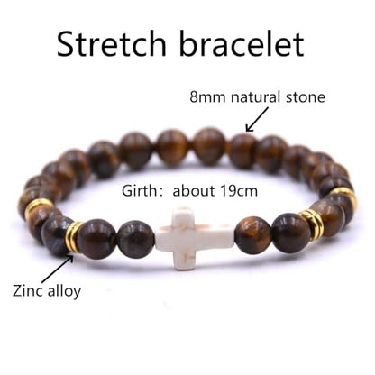 Beaded Bracelets Cross Bracelet for Women Men Lava Rock Turquoise Tiger Eye Natural Bracelet Anxiety Healing - color: 10Pcs- white cross
