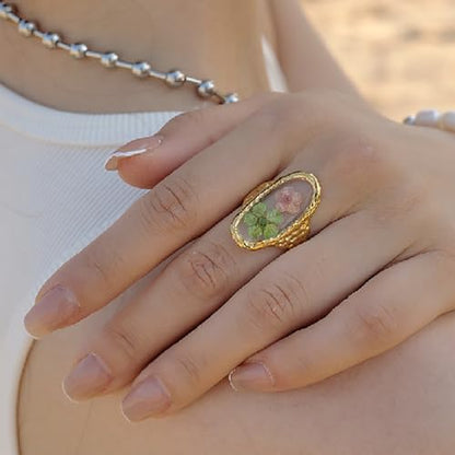 Hebelee Handmade Dried Flower Statement Ring for Women | Gold-Toned Stainless Steel,Adjustable,Pressed Blossom Forget-Me-Not Flowers Open Band Rings,Wedding Holiday Jewelry - color: Hammered Oval