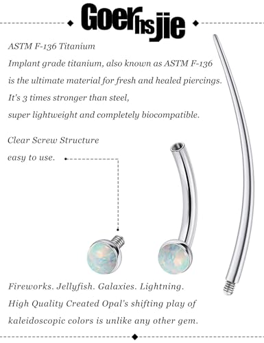 F136 Titanium 16g 6/8/10mm Opal Eyebrow/Rook/Snug/Vertical-Labret/VCH/Snake-Eyes/Anti-Tragus/Christina/Daith/Belly-Button/Bridge/Hood/Surface Curved Barbell Piercing Jewelry for Women Men - color: White, size: 8mm=5/16in