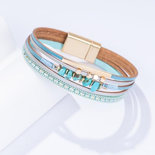 Boho Gemstone Beaded Leather Wrap Bracelets Stackable Chunky Cuff Bracelet Western Jewelry Cowboy Chic Country Concert Outfits for Women - color: Teal