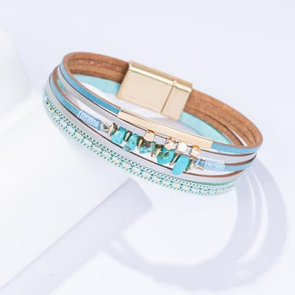 Boho Gemstone Beaded Leather Wrap Bracelets Stackable Chunky Cuff Bracelet Western Jewelry Cowboy Chic Country Concert Outfits for Women - color: Teal