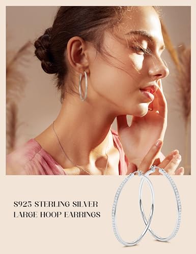 925 Sterling Silver Hoop Earrings for Women Sparkly Cubic Zirconia Large Hoops 18K White Gold Plated Hypoallergenic Lightweight Rhinestone Big Hoop Earrings 40/50MM Silver/Gold - color: 40mm-Silver