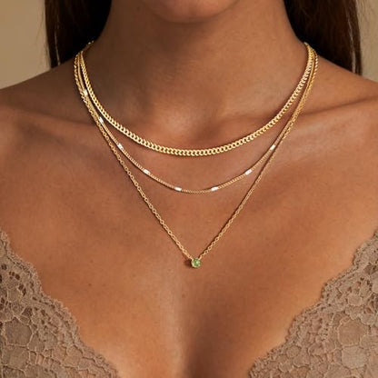 WomenGifts Layered Gold Necklaces for Women, 14K Gold Sterling Silver Plated Dainty Pendant Necklace Set Non Tarnish, Chunky Stackable Cuban Chain Choker, Trendy Birthstone Vacation Jewelry Gift - color: Gold, style: Cubic Zirconia-Created Peridot-Aug