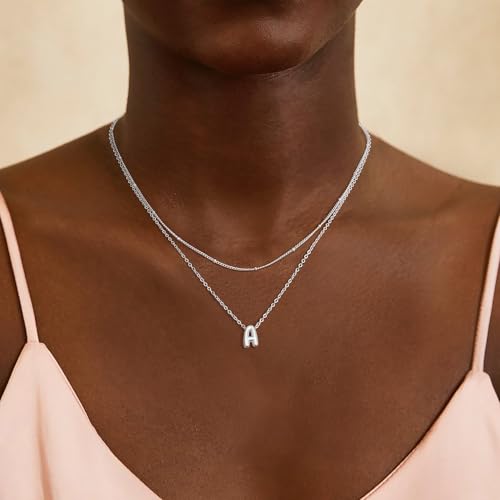 Thaivor Initial Necklaces for Women 14K Gold Plated Bubble Letter Necklace Layered Dainty Cute Choker Pendant Stack Jewelry Fashion Accessories Teen Trendy Gift - color: Silver, style: A-1