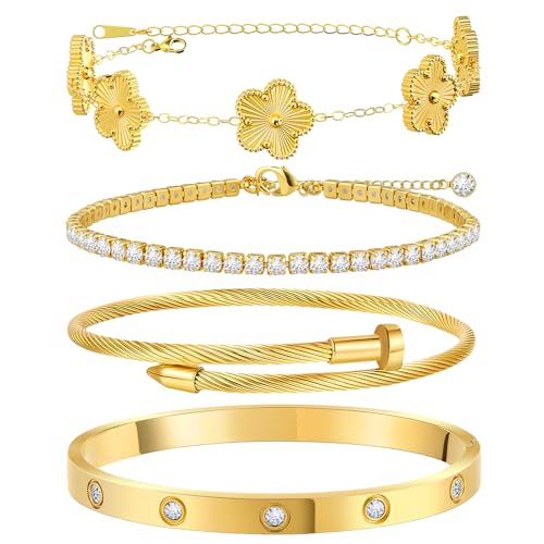 MOINSPIRE Gold Bracelets for Women, 18K Gold Plated Tennis Nail Clover love Bangle Bracelets Set Non Tarnish, Stainless Steel Trendy Stackable Bracelet Fashion Jewelry Accessories Gifts for Christmas - color: A1-Gold