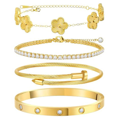 MOINSPIRE Gold Bracelets for Women, 18K Gold Plated Tennis Nail Clover love Bangle Bracelets Set Non Tarnish, Stainless Steel Trendy Stackable Bracelet Fashion Jewelry Accessories Gifts for Christmas - color: A1-Gold