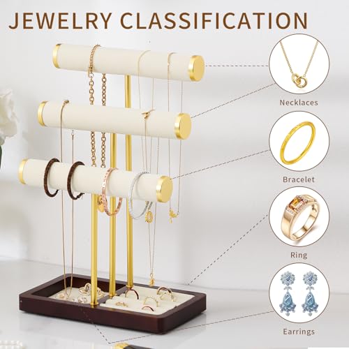 modern T-shaped jewelry rack, jewelry tower, gold metal, square ceramic base decoration display tower, necklace, bracelet, ring storage rack (3-layer beige velvet) - style: 3-layer beige velvet