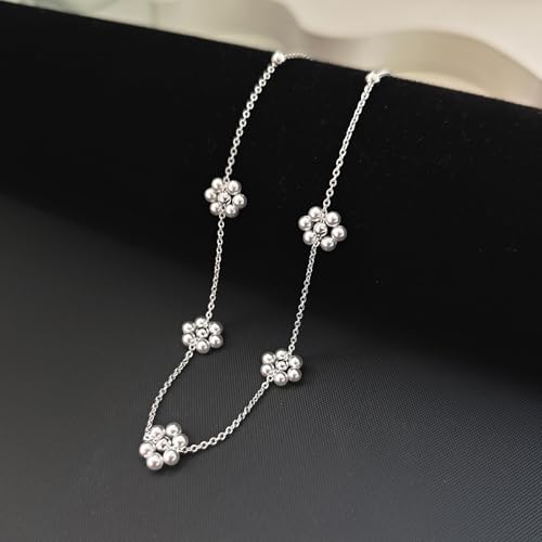 Zeffy Pearl Necklace 4MM/6MM/8MM Dainty Round Imitation Pearl Choker Necklace Wedding Pearl Necklace Delicate Jewelry for Women Simple Bridesmaid Jewelry Gifts - style: Silver Pearl Daisy Necklace(15"+2")