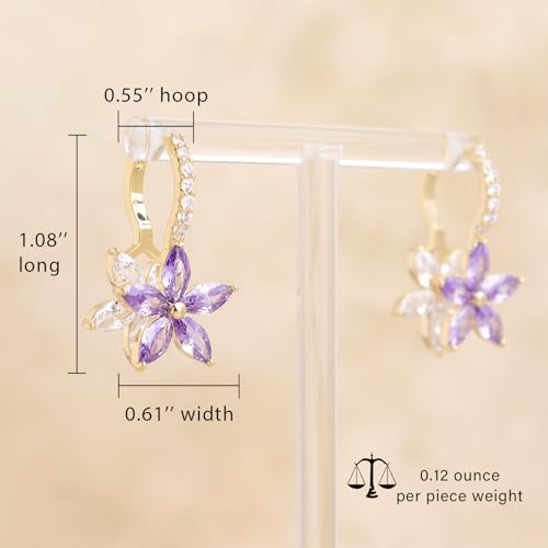 Sonateomber Gold Silver Small Hoop Dangle Earrings for Women, Trendy Dainty Rhinestone CZ Dangling Prom Wedding Leaf Flower Snowflake Butterfly Starfish Fashion Jewelry Gift - color: Purple Flower