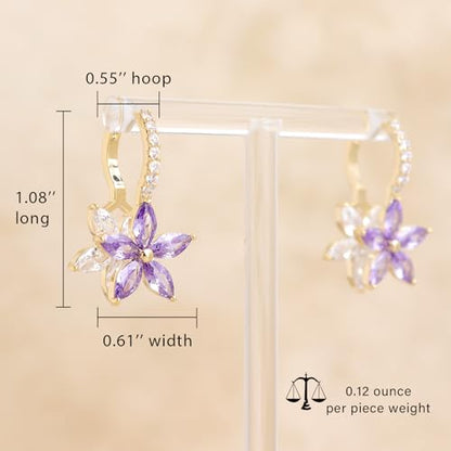 Sonateomber Gold Silver Small Hoop Dangle Earrings for Women, Trendy Dainty Rhinestone CZ Dangling Prom Wedding Leaf Flower Snowflake Butterfly Starfish Fashion Jewelry Gift - color: Purple Flower