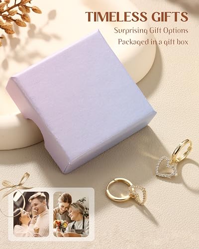 FIBO STEEL 14K Gold Plated Hoop Earrings with Charms for Women Huggie Hoops | Hypoallergenic 925 Sterling Silver Post Dangle Earrings Small Silver Gold Hoops Earring Cubic Zirconia Dangle Drop Jewelry - color: Hollow Heart - 14K Gold Plated