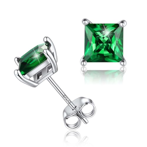ChicSilver 925 Sterling Silver Earrings Sparkling Heart/Round/Princess Cut Birthstone Earrings for Women Birthday Jewelry with Gift Box - style: A.May(Emerald)-Princess Cut