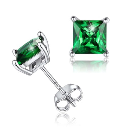 ChicSilver 925 Sterling Silver Earrings Sparkling Heart/Round/Princess Cut Birthstone Earrings for Women Birthday Jewelry with Gift Box - style: A.May(Emerald)-Princess Cut