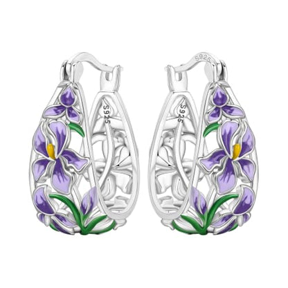 Floral Hoop Earrings 925 Sterling Silver with 14K Gold Plating – Lightweight CZ Flower Hoops | Hypoallergenic Jewelry for Women | Gift Box + Polishing Cloth - color: 22mm Iris earrings purple