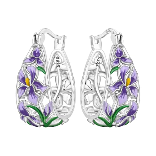 Floral Hoop Earrings 925 Sterling Silver with 14K Gold Plating – Lightweight CZ Flower Hoops | Hypoallergenic Jewelry for Women | Gift Box + Polishing Cloth - color: 22mm Iris earrings purple