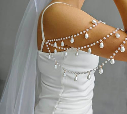 2 Pcs Pearl Shoulder Chain Detachable Bridal Arm Jewelry Layered Beaded Tassel Epaulettes for Wedding Prom Dress Sleeves Pearl Straps Accessory