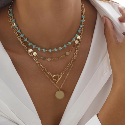 HUASAI Boho Necklaces for Women Dainty Layered Choker Necklace Bohemian Turquoise Necklace Statement Jewelry Western Cowgirl Country Concert Outfits Accessories - color: A-Boho Layer