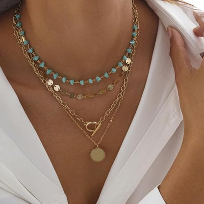 HUASAI Boho Necklaces for Women Dainty Layered Choker Necklace Bohemian Turquoise Necklace Statement Jewelry Western Cowgirl Country Concert Outfits Accessories - color: A-Boho Layer