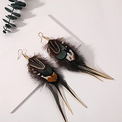 Bohemian Long Feather Earrings for Women Handmade Natural Dangle Tassel Jewelry - color: Style D