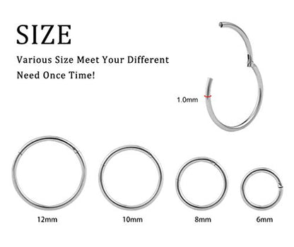 4Pcs 16G 18G 20G Surgical-Steel-Piercing-Ring-Nose-Rings-Hinged-Hoop-Earrings,6mm 8mm 10mm 12mm Seamless Stainless Steel Clicker Eyebrow Septum Piercing Hoop,Sliver Black Gold Rose Gold Rainbow Body Jewelry Set - color: 18G Silver
