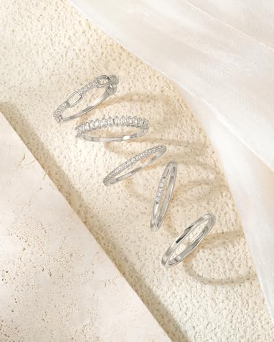 Honsny Stackable Gold Rings for Women Non Tarnish Engagement Wedding Bands | 18K Gold Plated, Cubic Zirconia Stacking Rings, Thumb Ring Set, Thin Eternity Promise Wedding Bands, Size 6 7 8 9 10 11 - color: Silver 2