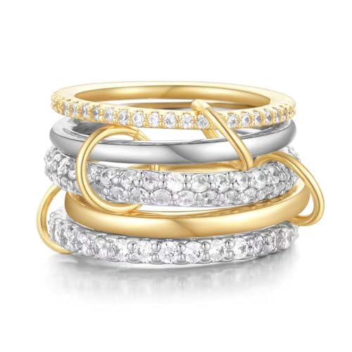 14K Gold Interlocking Stackable Rings for Women – Silver Gold Stack Ring Set with CZ, Two Tone Interlocked Stacked Ring, Multi-layer Statement Ring Jewelry - color: 14K Gold&Silver CZ(5Layer), size: 7