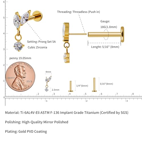 1PC ASTM F136 Titanium Mini Threadless Flat Back Stud 18G 6mm 8mm for Conch Helix Flat Tragus Labret - color: leaf - Gold