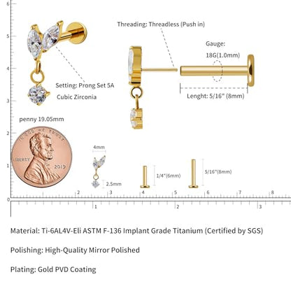 1PC ASTM F136 Titanium Mini Threadless Flat Back Stud 18G 6mm 8mm for Conch Helix Flat Tragus Labret - color: leaf - Gold