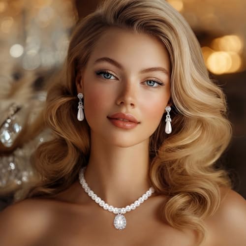 Glenmal Pearl Rhinestone Jewelry Set for Women Pearl Necklace Bracelet Earrings for Wedding Halloween Bridal Shower Tea Party - style: Refined Style