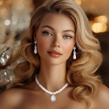 Glenmal Pearl Rhinestone Jewelry Set for Women Pearl Necklace Bracelet Earrings for Wedding Halloween Bridal Shower Tea Party - style: Refined Style