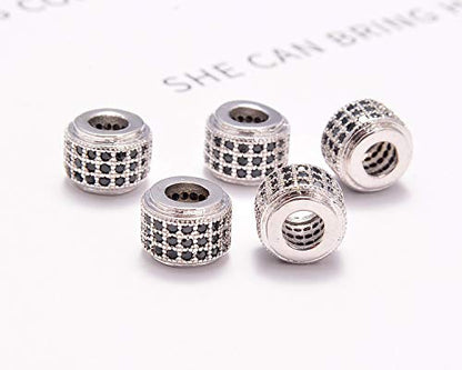 AD Beads Zircon Pave Rhinestones Big Hole Rondelle Spacer Beads 6x7mm 5Pcs Black on Silver - color: 5 Pcs Black on Silver 3 Row Rondelle (6x7mm)