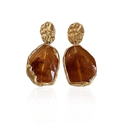Vintage Irregular Oval Acrylic Dangle Drop Earrings for Women Elegant Gold Tone Dainty Geometry Resin Statement Dangling Studs Evening Party Fashion Jewelry - color: brown