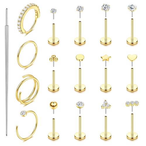 ORAZIO 14K Gold Filled Nose Rings Studs Hoops for Women Men 20G 18G Hypoallergenic Surgical Steel Push in Threadless Flat Back Earrings CZ Helix Tragus Lip Cartilage Medusa Nostril Piercing Jewelry - color: 14K Gold Plated, size: 20g=0.8mm