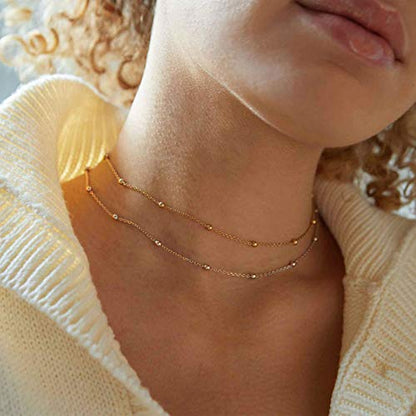 FOCALOOK Choker Necklace for Women, Double Layered Boho Beaded Choker Chain | Dainty 14K Gold Plated/Silver/Black Metal, Simple Small Satellite Beaded Chain Necklace, Hypoallergenic for Everyday Wear - color: 01.2-Layered Satellite Beads-Gold