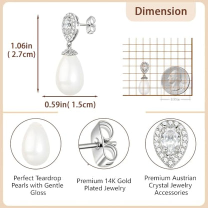Teardrop Austrian Crystal & Pearl Drop Earrings,14K Gold Plated Elegant Dangle Earrings for Women, Bridal Wedding Jewelry Gift - color: Silver/Post
