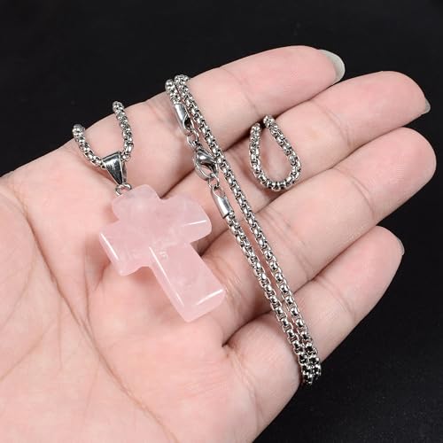 Justinstones 32mm Gemstone Carved Cross Reiki Chakra Pendant With Stainless Steel Necklace 22 Inch - color: Rose Quartz