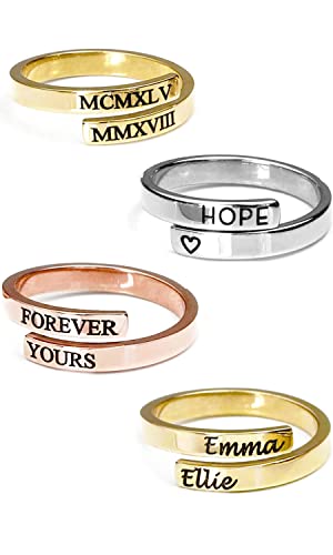 MignonandMignon Personalized Stacking Rings, Custom Initial Ring | Engrave the open wrap band with initials, names or dates; tarnish-resistant gold plated steel is skin-safe for stacking.
