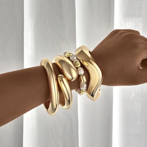 MOZAKA 4PCS Chunky Gold Bangle Bracelets for Women | Trendy Wide Wrist Cuff Bracelets Stack Statement Bangle Fashion Jewelry Gift - color: gold