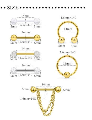 Hoeudjo 14Pcs 14G Surgical Steel Chain Dangle Nipple Rings Barbell Piercing Jewelry Retainer for Women - color: 7 Pairs/14G/Gold-tone