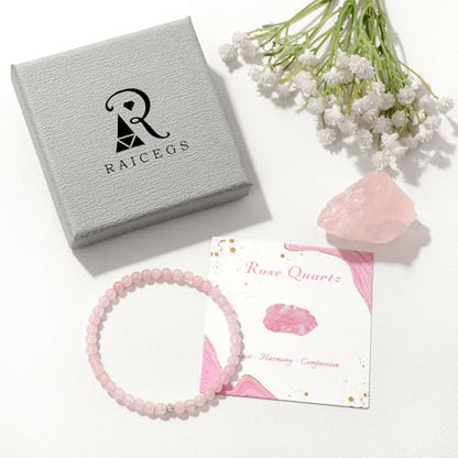 Raicegs 4 6 8MM Beaded Bracelets Healing Crystal Bracelet for Women Men Natural Stone Handmade Stretch Bracelet Reiki Spiritual Jewelry - color: Rose Quartz, size: 4mm