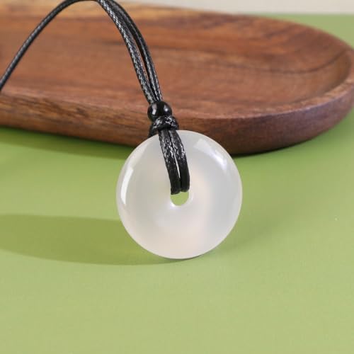 Anjiucc Natural Gemstone Pendant Necklce Lucky Coin Crystal Necklace Donut Pendnat with Adjustable Rope Healing Crystal for Men - color: White Chalcedony