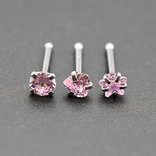 6-Piece Nose Piercing Studs Set, 20G Stainless Steel Nose Studs, 3mm Crystal Heart Star Round Shapes, 0.8x7mm Bone - color: Pink