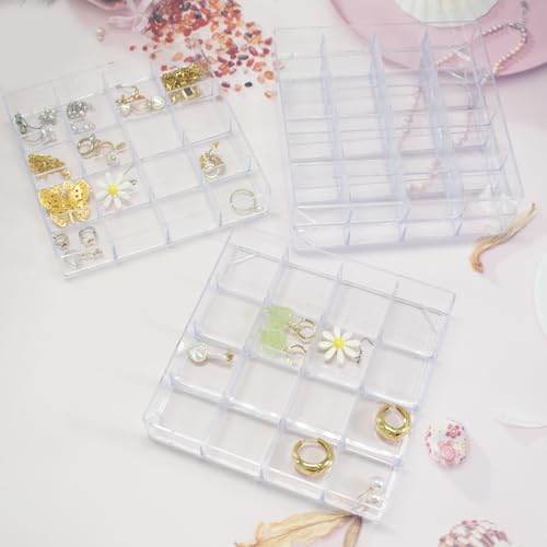 4 PCS Stackable Jewelry Organizer Tray, Clear Square Plastic Storage Box | with 16 Mini Grid (1.57''), Suitable for Drawer Dresser Vanity Desk Use, Necklaces Bracelets Rings Earrings Storage