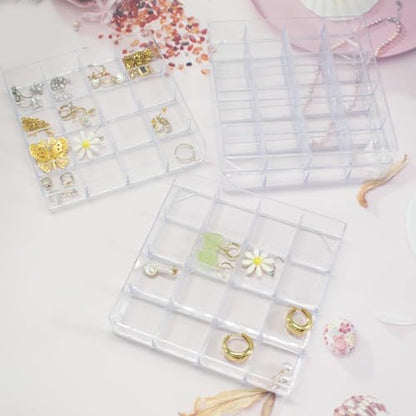 4 PCS Stackable Jewelry Organizer Tray, Clear Square Plastic Storage Box | with 16 Mini Grid (1.57''), Suitable for Drawer Dresser Vanity Desk Use, Necklaces Bracelets Rings Earrings Storage