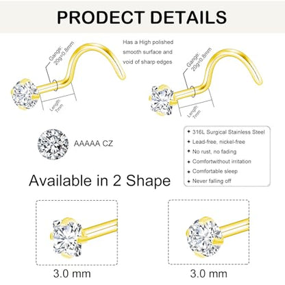 20G Nose Rings Studs for Women Corkscrew Sliver Nose Studs Hypoallergenic Nose Rings 316L Stainless Steel Nose Nostril Percing Jewely for Women Men Round Square CZ Imitation Diamond 1.5mm/2.0mm/2.5mm/3.0mm - style: 20G-corkscrew-gold-3.0mm