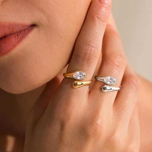 Non Tarnish Gold Chunky Rings for Women, 14K Gold Plated Statement Dome Rings Stacking Silver, Adjustable Mens Eternity Wedding Band Mixed Metal Jewelry Size 3-13 - color: Silver & Gold, size: 9, style: Diamond Love Bands(2 Pcs)